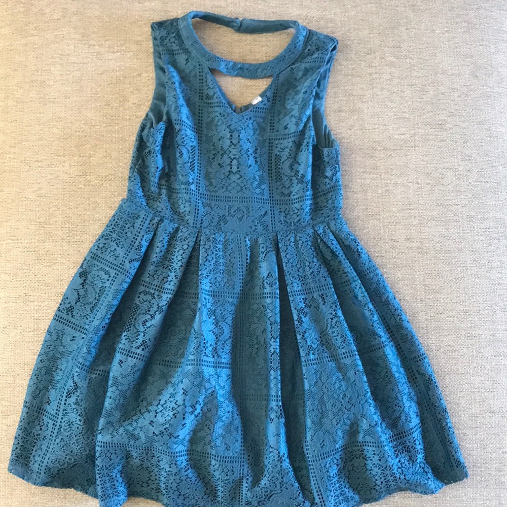 Blue Lace Formal Dress With Halter Neckline